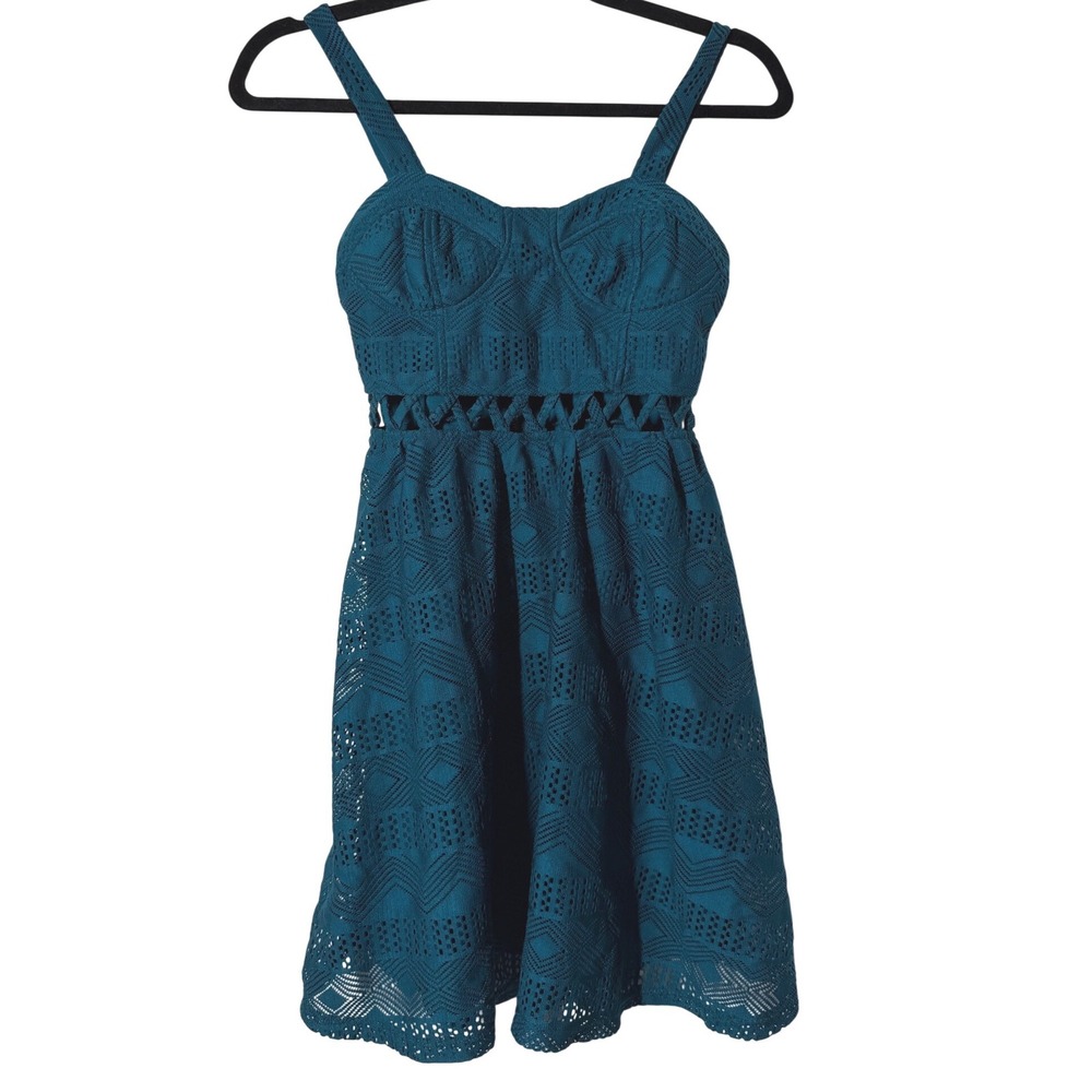Xhilaration Fit and Flare Eyelet Lace Dress XS Teal Excellent Cutout Mini